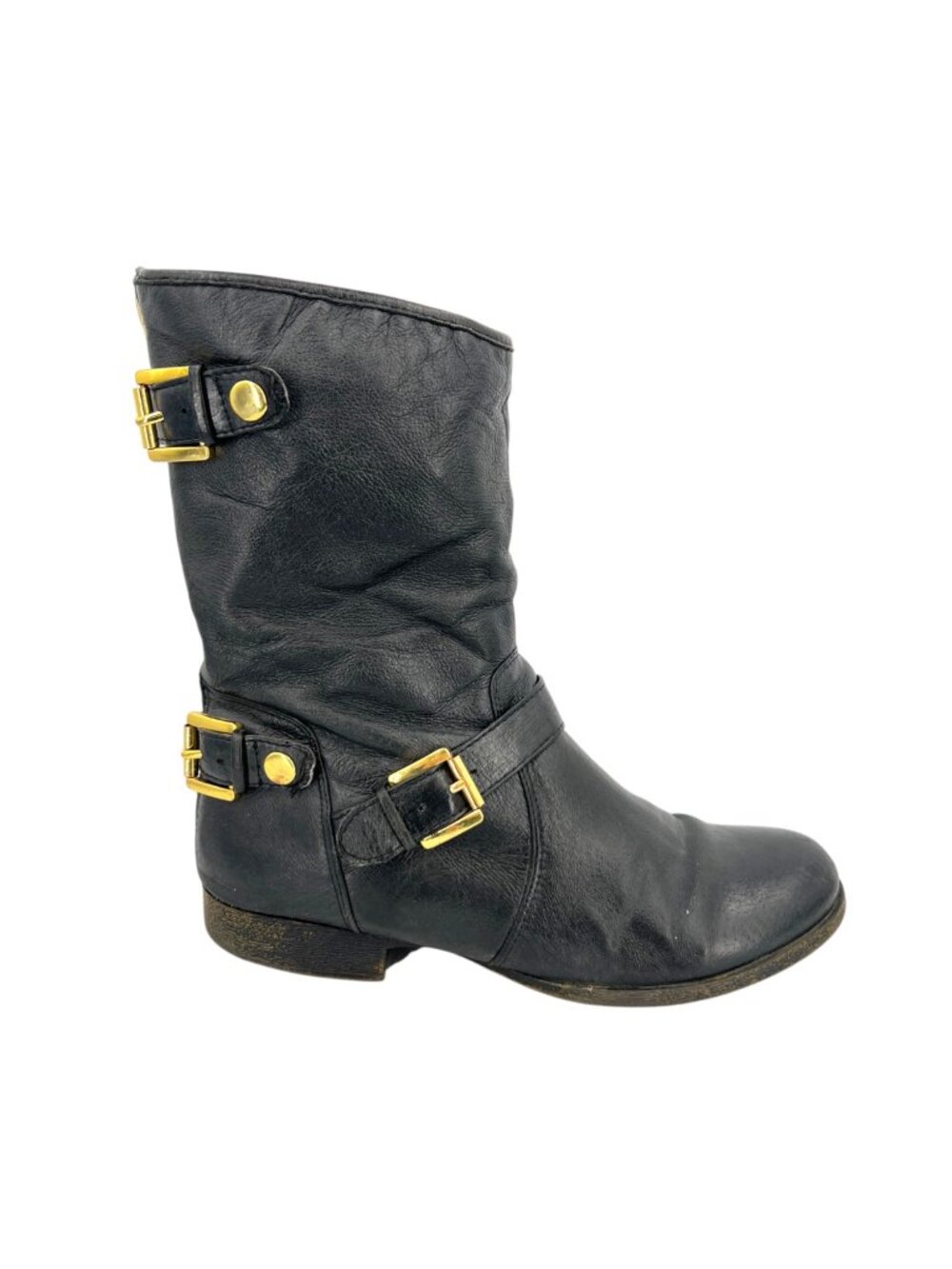 Steve Madden Enngage Black Leather Biker Moto Boots Gold Buckles Size 7